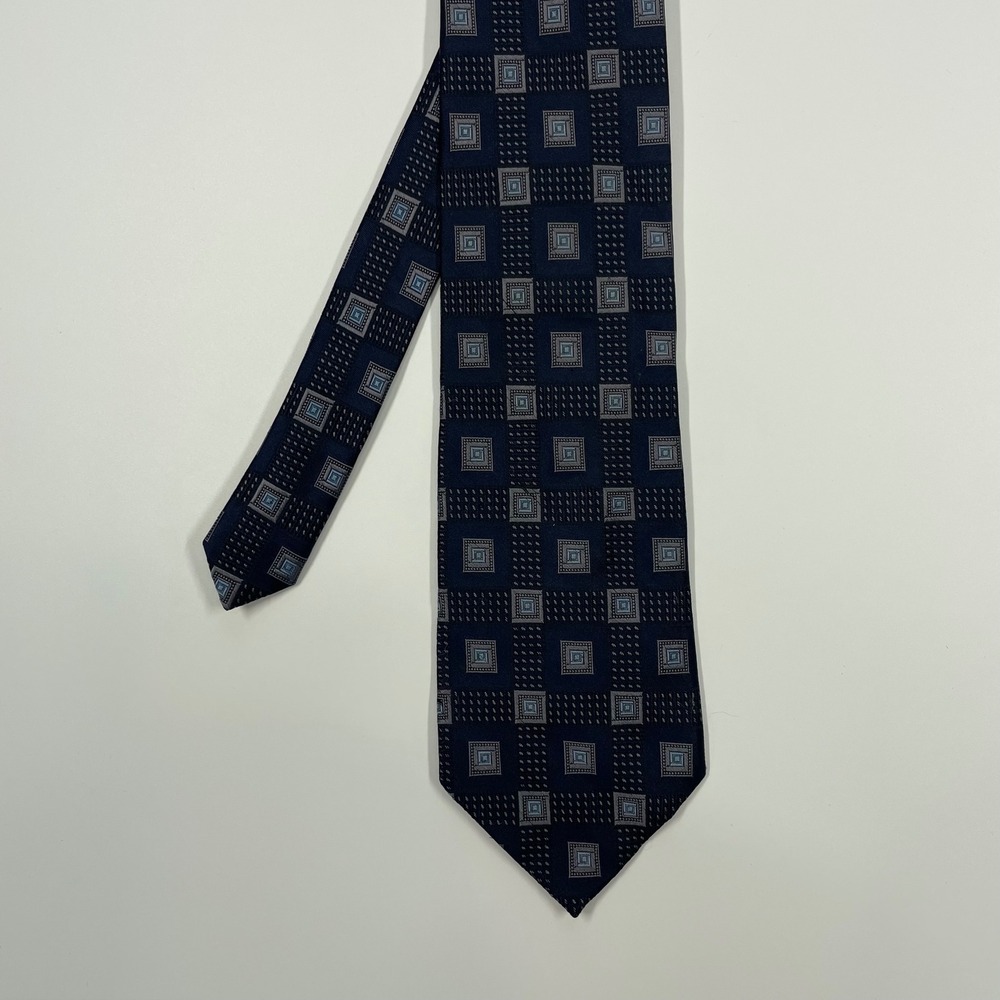 RBM Collection Navy Blue Geometric Square Pattern Silk Necktie Mens OS